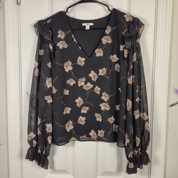 Bar III Tops - bar III Floral Ruffle V-Neck Sheer Long Sleeve Blouse Top L